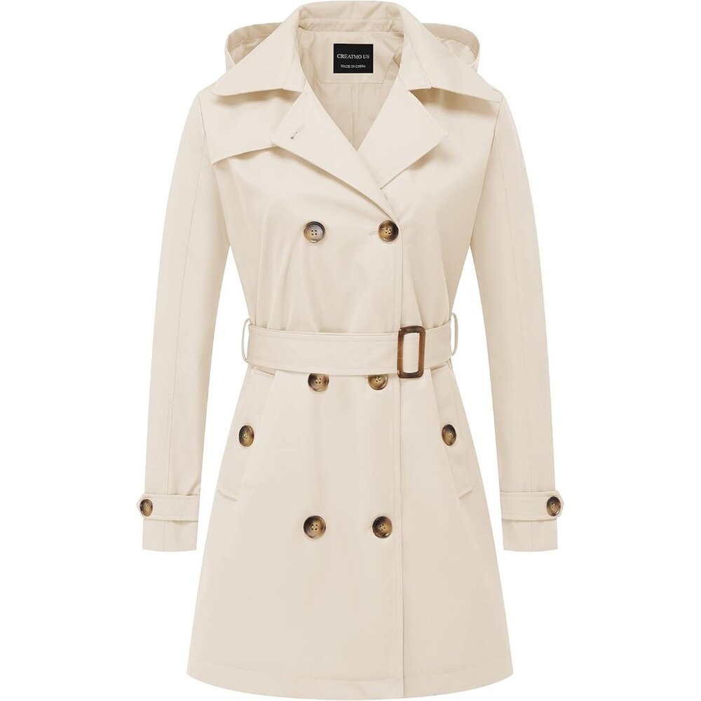 ⚡Women's White Trench Coat Double Breasted Classic Lapel Overcoat Belted Slim